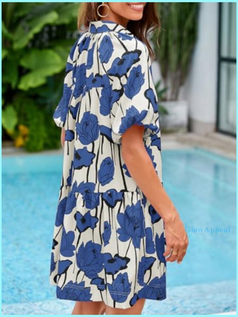 Summer Button Down Shirt Dress Floral Puff Sleeve Loose Fit Mini - Picture 4 of 7